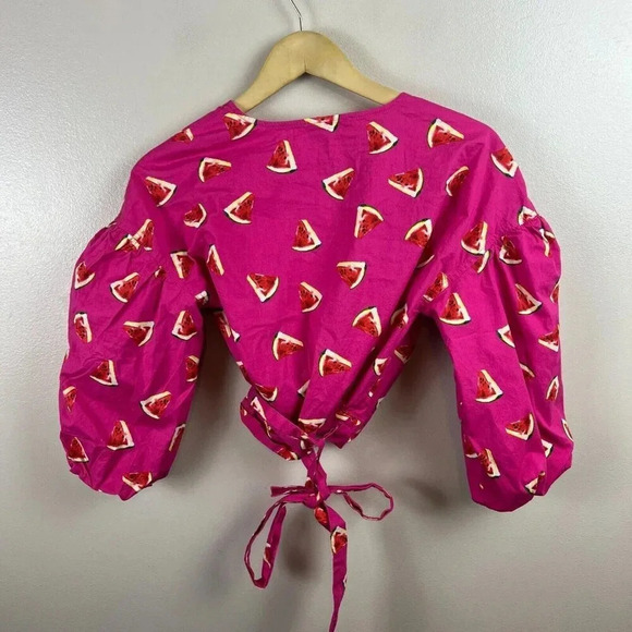 Color Me Courtney Emily Watermelon Wrap Top Size XS Pink Poplin Vacation Novelty - Picture 3 of 10